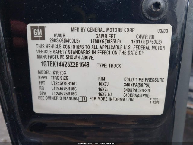 Aukcja sprzedaży 2003 Gmc Sierra 1500 Sle, vin: 1GTEK14V23Z281648, numer aukcji: 45050066