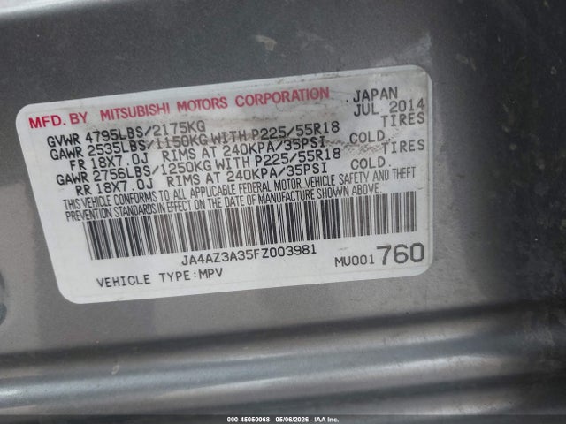 45050068 :رقم المزاد ، JA4AZ3A35FZ003981 vin ، 2015 Mitsubishi Outlander Se مزاد بيع