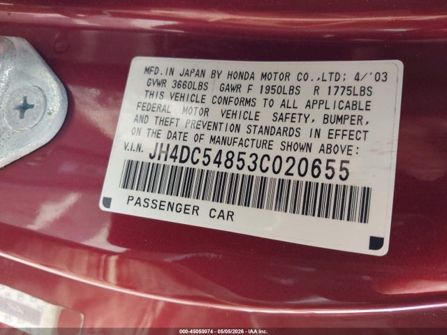 45050074 :رقم المزاد ، JH4DC54853C020655 vin ، 2003 Acura Rsx مزاد بيع
