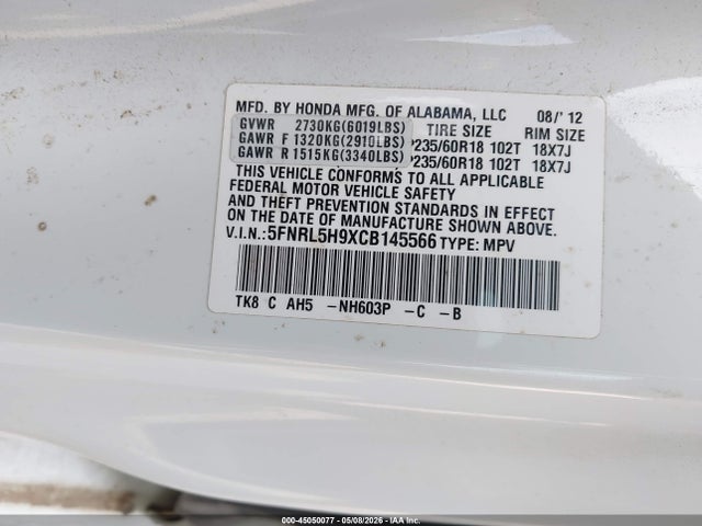 Aukcja sprzedaży 2012 Honda Odyssey Touring/touring Elite, vin: 5FNRL5H9XCB145566, numer aukcji: 45050077