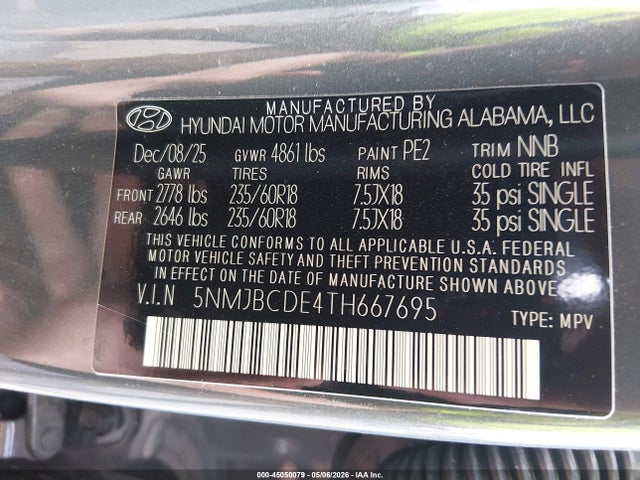 Продаж на аукціоні авто 2026 Hyundai Tucson Sel, vin: 5NMJBCDE4TH667695, номер лоту: 45050079