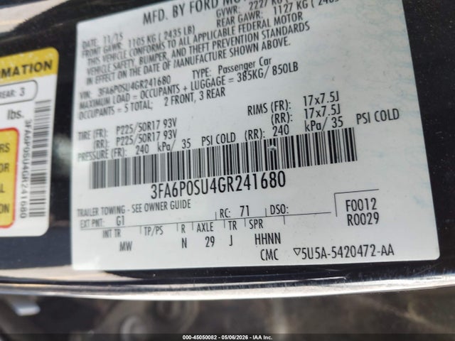 45050082 :رقم المزاد ، 3FA6P0SU4GR241680 vin ، 2016 Ford Fusion Energi Titanium مزاد بيع