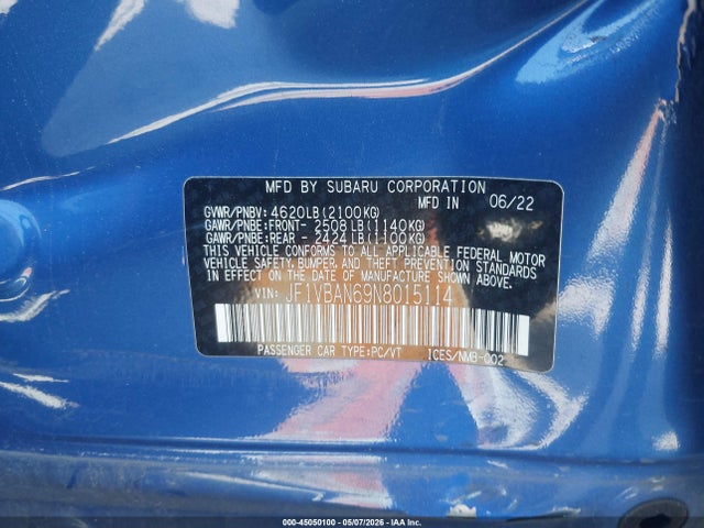 Продаж на аукціоні авто 2022 Subaru Wrx Limited, vin: JF1VBAN69N8015114, номер лоту: 45050100