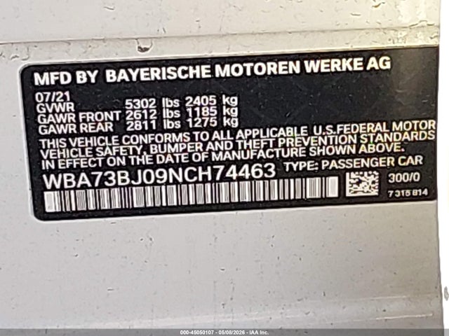 45050107 :رقم المزاد ، WBA73BJ09NCH74463 vin ، 2022 Bmw 540 I Xdrive مزاد بيع