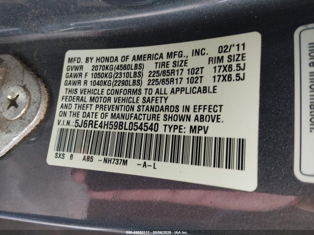 Продаж на аукціоні авто 2011 Honda Cr-v Ex, vin: 5J6RE4H59BL054540, номер лоту: 45050111
