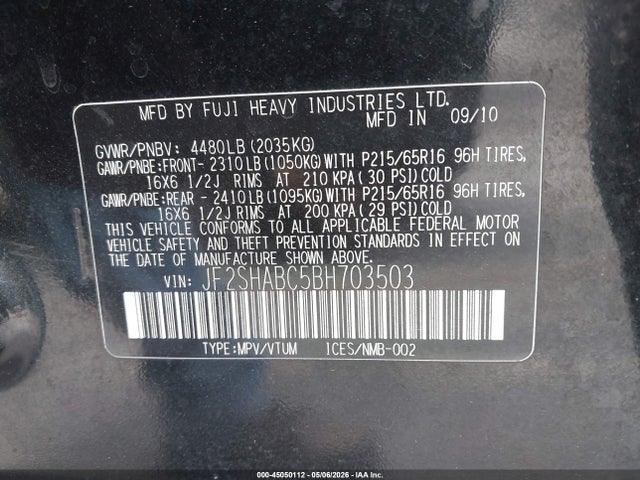 2011 Subaru Forester 2.5x მანქანა იყიდება აუქციონზე, vin: JF2SHABC5BH703503, აუქციონის ნომერი: 45050112