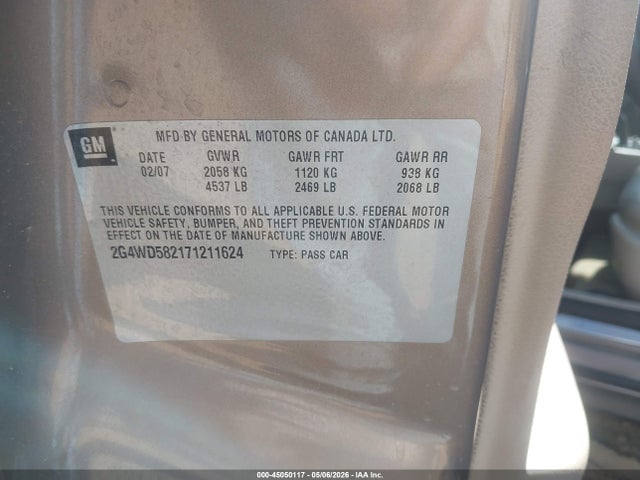 Продаж на аукціоні авто 2007 Buick Lacrosse Cxl, vin: 2G4WD582171211624, номер лоту: 45050117