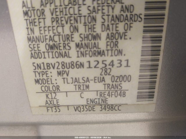 45050123 :رقم المزاد ، 5N1BV28U86N125431 vin ، 2006 Nissan Quest 3.5 S مزاد بيع