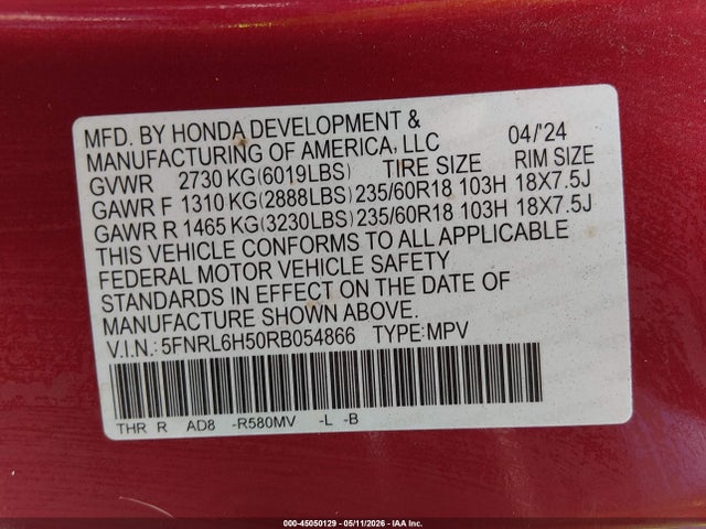 Aukcja sprzedaży 2024 Honda Odyssey Ex, vin: 5FNRL6H50RB054866, numer aukcji: 45050129
