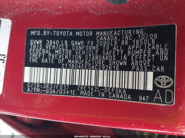 2010 Toyota Corolla S მანქანა იყიდება აუქციონზე, vin: 2T1BU4EE5AC292616, აუქციონის ნომერი: 45050132