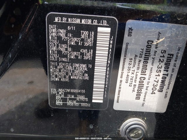 Aukcja sprzedaży 2011 Infiniti Qx56, vin: JN8AZ2NF8B9504155, numer aukcji: 45050133