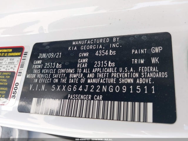 2022 Kia K5 Gt-line მანქანა იყიდება აუქციონზე, vin: 5XXG64J22NG091511, აუქციონის ნომერი: 45050153