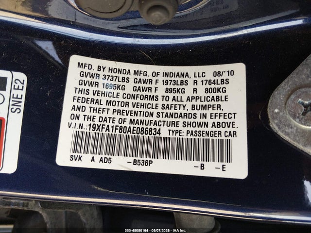 Продажа на аукционе авто 2010 Honda Civic Ex, vin: 19XFA1F80AE086834, номер лота: 45050164