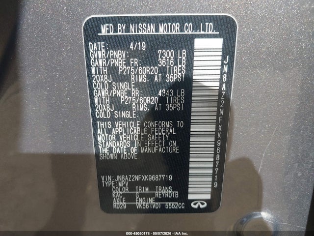 45050178 :رقم المزاد ، JN8AZ2NFXK9687719 vin ، 2019 Infiniti Qx80 Luxe مزاد بيع