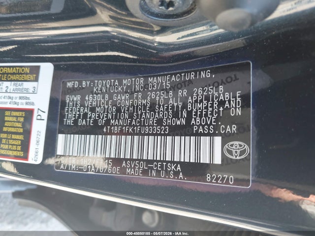 2015 Toyota Camry Se მანქანა იყიდება აუქციონზე, vin: 4T1BF1FK1FU933523, აუქციონის ნომერი: 45050185