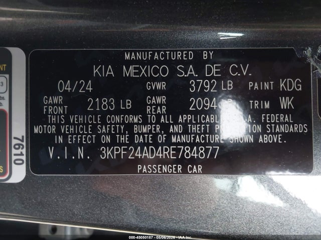 Продажа на аукционе авто 2024 Kia Forte Lxs, vin: 3KPF24AD4RE784877, номер лота: 45050187
