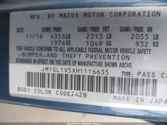 2017 Mazda Mazda6 Touring მანქანა იყიდება აუქციონზე, vin: JM1GL1V5XH1116635, აუქციონის ნომერი: 45050190