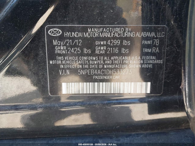 Aukcja sprzedaży 2013 Hyundai Sonata Gls, vin: 5NPEB4AC1DH533273, numer aukcji: 45050199