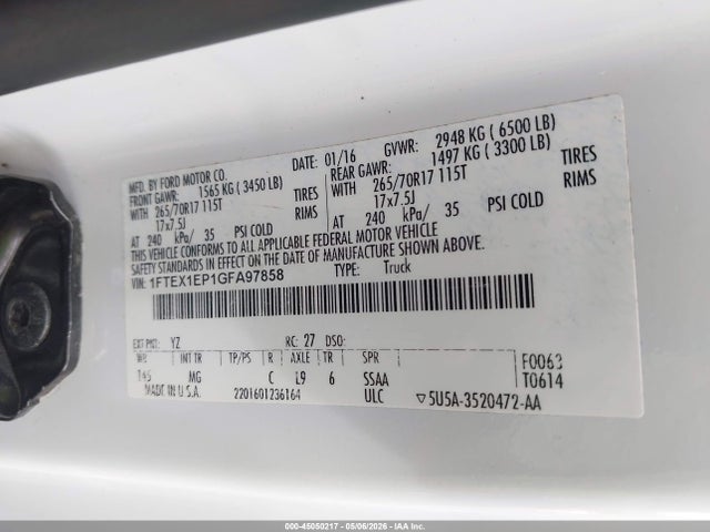 Aukcja sprzedaży 2016 Ford F-150 Xlt, vin: 1FTEX1EP1GFA97858, numer aukcji: 45050217