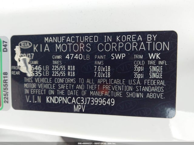 45050221 :رقم المزاد ، KNDPNCAC3J7399649 vin ، 2018 Kia Sportage Ex مزاد بيع