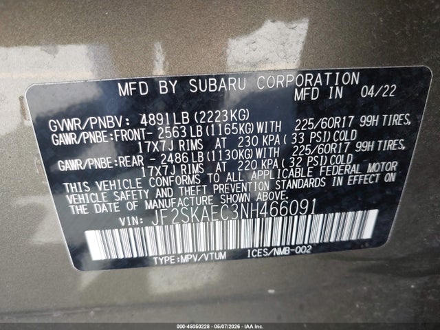 Aukcja sprzedaży 2022 Subaru Forester Premium, vin: JF2SKAEC3NH466091, numer aukcji: 45050228