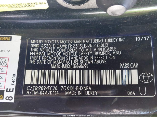 2018 Toyota C-hr Xle მანქანა იყიდება აუქციონზე, vin: NMTKHMBX6JR040695, აუქციონის ნომერი: 45050264