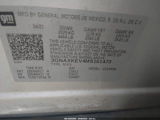 45050266 :رقم المزاد ، 3GNAXKEV4MS161473 vin ، 2021 Chevrolet Equinox Fwd Lt مزاد بيع