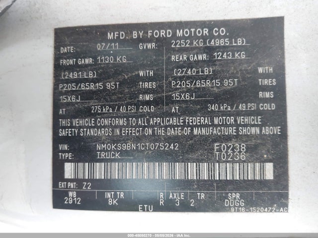 Продаж на аукціоні авто 2012 Ford Transit Connect Xlt, vin: NM0KS9BN1CT075242, номер лоту: 45050270