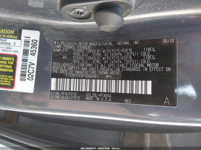Продаж на аукціоні авто 2007 Toyota Sienna Le, vin: 5TDZK23C87S080481, номер лоту: 45050272