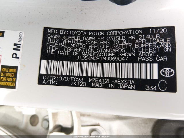 Aukcja sprzedaży 2021 Toyota Corolla Se/night Shade, vin: JTDS4MCE1MJ069047, numer aukcji: 45050280