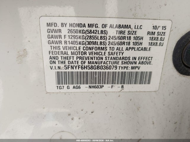 Aukcja sprzedaży 2016 Honda Pilot Ex-l, vin: 5FNYF6H58GB036079, numer aukcji: 45050283