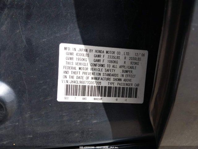 45050290 :رقم المزاد ، JH4CL96877C007203 vin ، 2007 Acura Tsx مزاد بيع