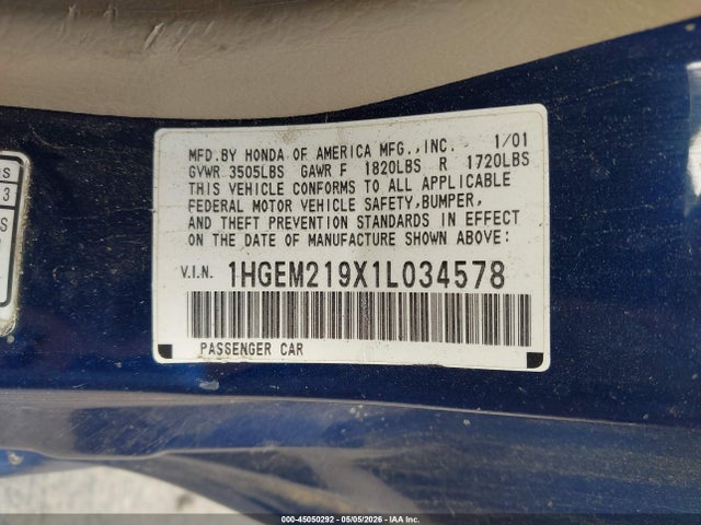 2001 Honda Civic Ex მანქანა იყიდება აუქციონზე, vin: 1HGEM219X1L034578, აუქციონის ნომერი: 45050292