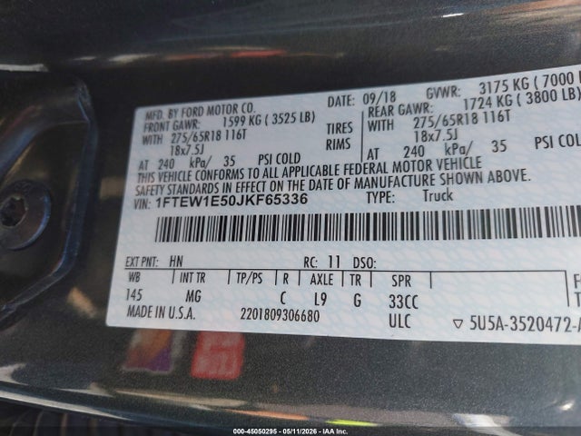 2018 Ford F-150 Xlt მანქანა იყიდება აუქციონზე, vin: 1FTEW1E50JKF65336, აუქციონის ნომერი: 45050295