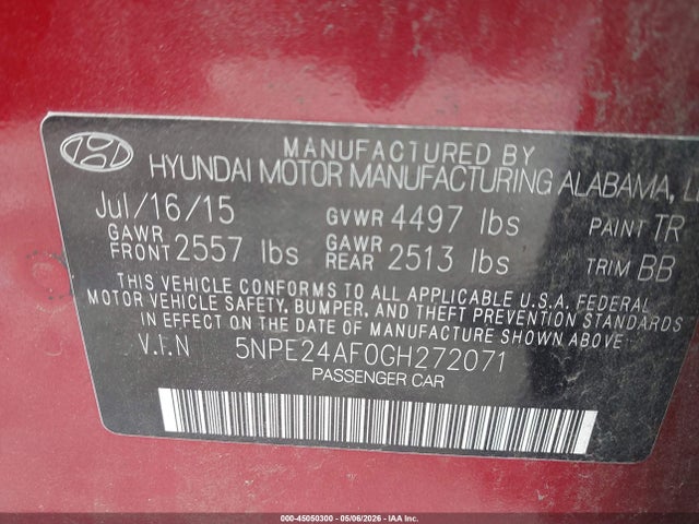Aukcja sprzedaży 2016 Hyundai Sonata Se, vin: 5NPE24AF0GH272071, numer aukcji: 45050300
