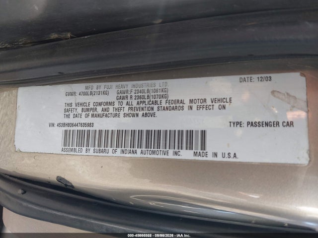 Продаж на аукціоні авто 2004 Subaru Outback H6-3.0 L.l. Bean Edition, vin: 4S3BH806447635983, номер лоту: 45050302