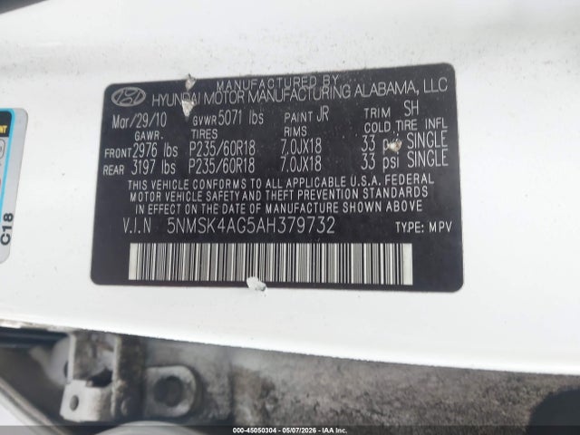 Продаж на аукціоні авто 2010 Hyundai Santa Fe Limited V6, vin: 5NMSK4AG5AH379732, номер лоту: 45050304