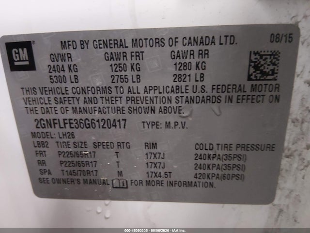 2016 Chevrolet Equinox Lt მანქანა იყიდება აუქციონზე, vin: 2GNFLFE36G6120417, აუქციონის ნომერი: 45050305