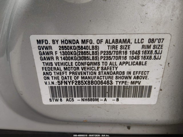 45050310 :رقم المزاد ، 5FNYF285X8B006463 vin ، 2008 Honda Pilot Ex-l مزاد بيع