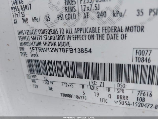 Продажа на аукционе авто 2008 Ford F-150 60th Anniversary/fx2/xl/xlt, vin: 1FTRW12W78FB13854, номер лота: 45050312