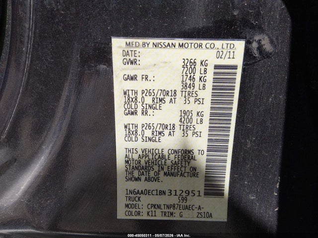 Продажа на аукционе авто 2011 Nissan Titan Sv, vin: 1N6AA0EC1BN312951, номер лота: 45050311