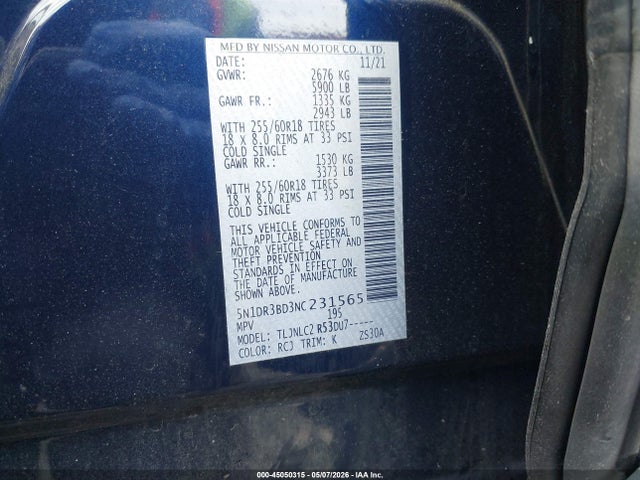 Продаж на аукціоні авто 2022 Nissan Pathfinder Sv 4wd, vin: 5N1DR3BD3NC231565, номер лоту: 45050315