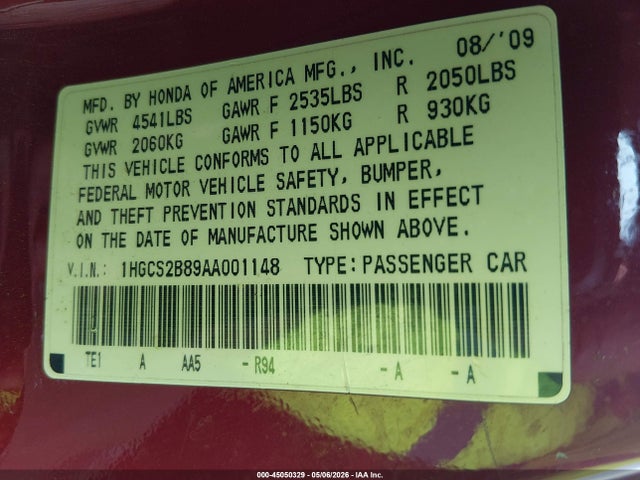 2010 Honda Accord 3.5 Ex-l მანქანა იყიდება აუქციონზე, vin: 1HGCS2B89AA001148, აუქციონის ნომერი: 45050329