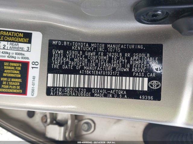 Aukcja sprzedaży 2015 Toyota Avalon Xle Touring, vin: 4T1BK1EB4FU193172, numer aukcji: 45050342