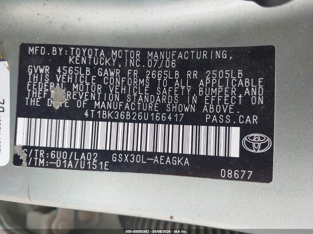 Продажа на аукционе авто 2006 Toyota Avalon Xls, vin: 4T1BK36B26U166417, номер лота: 45050362