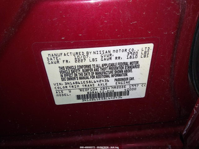 Aukcja sprzedaży 2008 Nissan Sentra 2.0, vin: 3N1AB61E58L642436, numer aukcji: 45050372