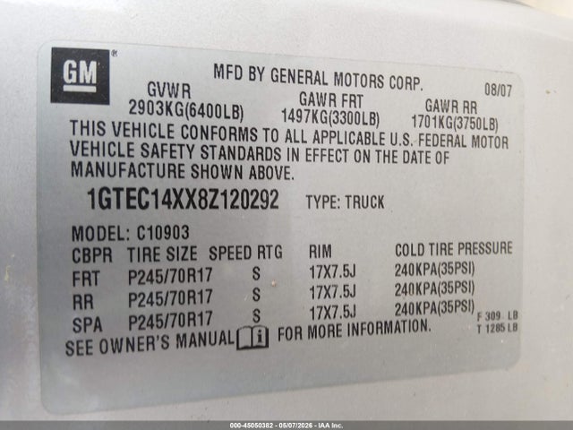 Aukcja sprzedaży 2008 Gmc Sierra 1500 Work Truck, vin: 1GTEC14XX8Z120292, numer aukcji: 45050382