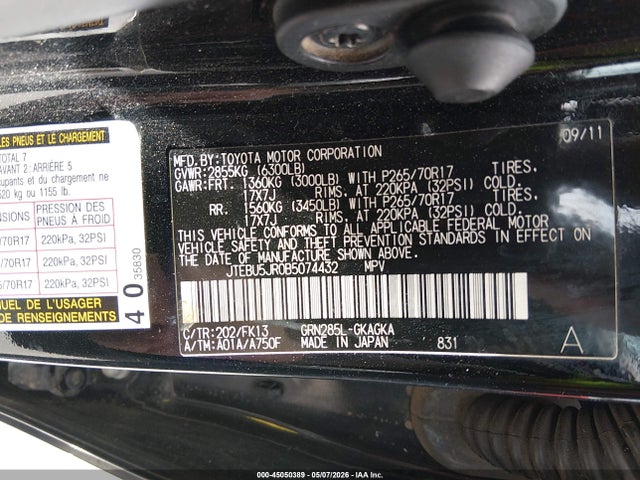 2011 Toyota 4runner Sr5 V6 მანქანა იყიდება აუქციონზე, vin: JTEBU5JR0B5074432, აუქციონის ნომერი: 45050389