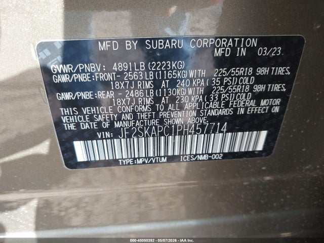 Aukcja sprzedaży 2023 Subaru Forester Limited, vin: JF2SKAPC1PH457714, numer aukcji: 45050392