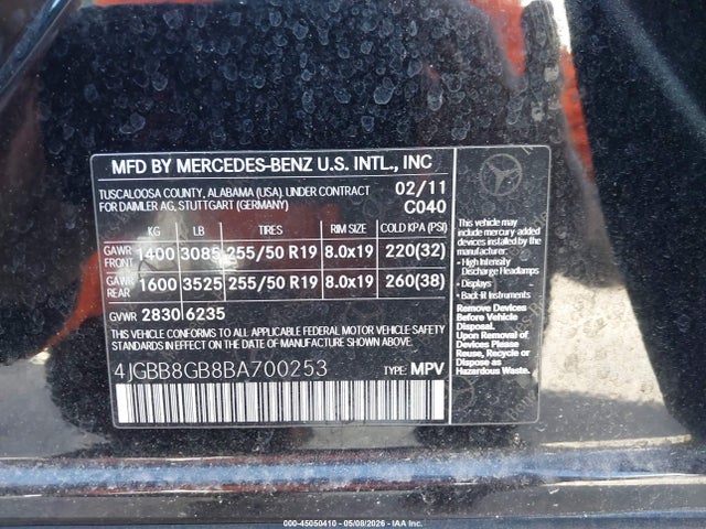 45050410 :رقم المزاد ، 4JGBB8GB8BA700253 vin ، 2011 Mercedes-benz Ml 350 4matic مزاد بيع